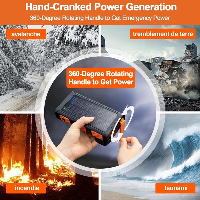 Портативний зарядний пристрій Powerbank 26800 mAh з сонячною панеллю та ручкою, 4 кабелі, USB-C, швидка зарядка, 7 виходів, 4 входи, для мобільного телефону, водонепроникний, зовнішній акумулятор для кемпінгу, оранжевий