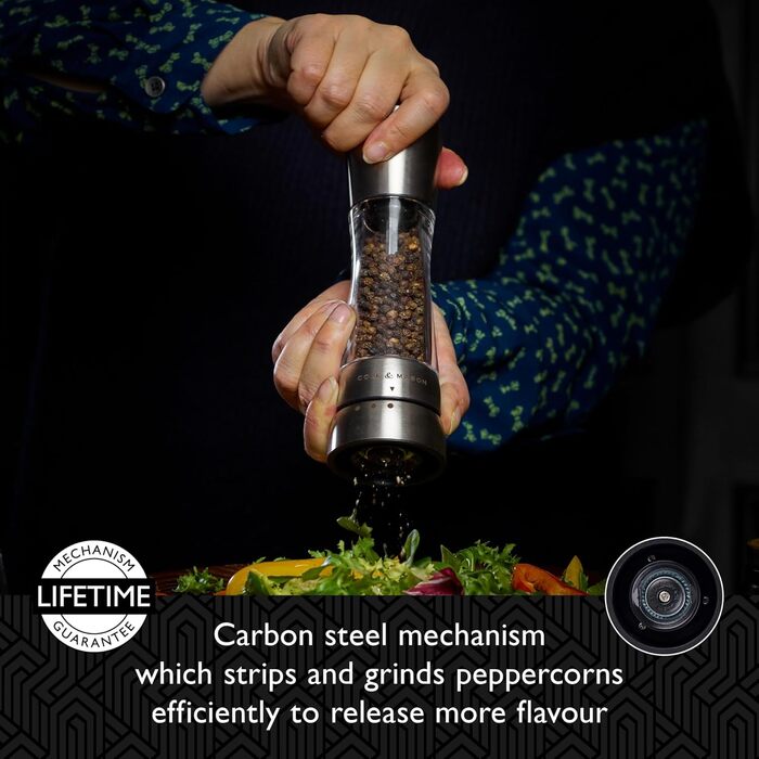 Cole & Mason Derwent Salt & Pepper Mill Set – 19cm, Adjustable Ceramic Grinder, Stainless Steel & Acrylic Design, Color: Stainless Steel, Precise Grinding, Durable