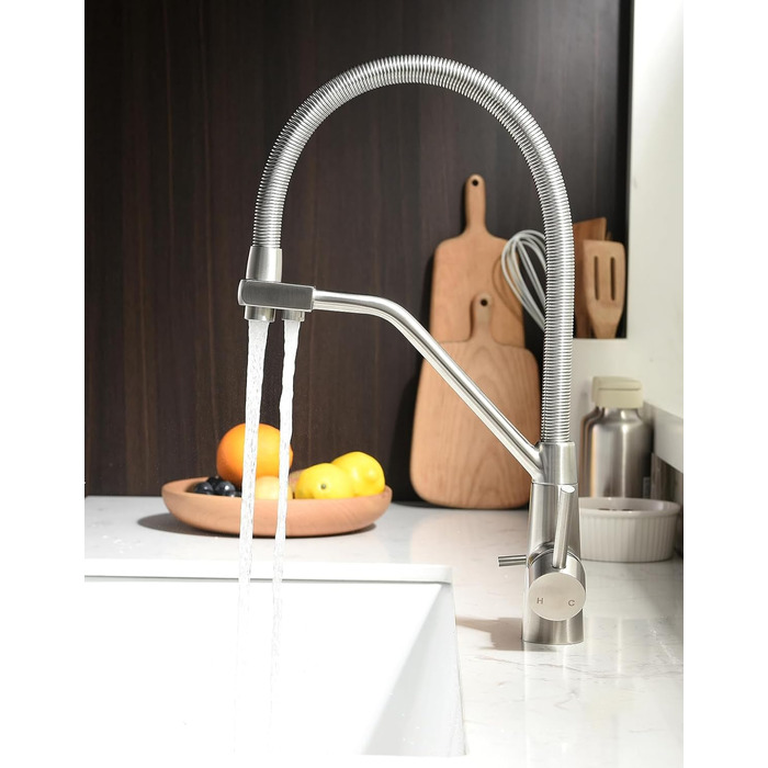 Змішувач кухонний з висувною лійкою, 360° поворот, щіткове золото, для кухні