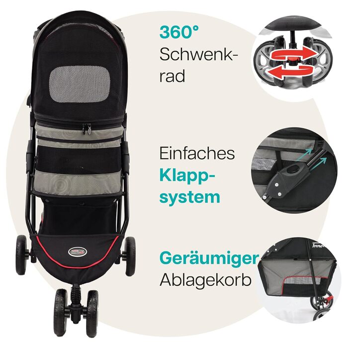 Buggy Innopet Avenue: Легкий візок для собак та котів сірого/червоного кольору - компактний, з дощем, з ліштою та кошиком для зберігання