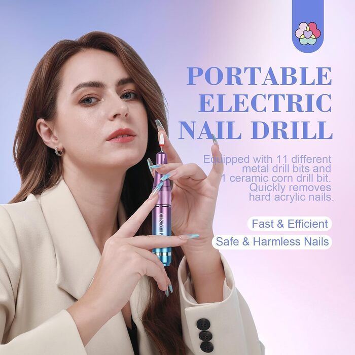 Електричний апарат для манікюру та педикюру Saviland 12 в 1, 40000 обертів/хв, USB, з набором фрез, блакитно-фіолетовий градієнт