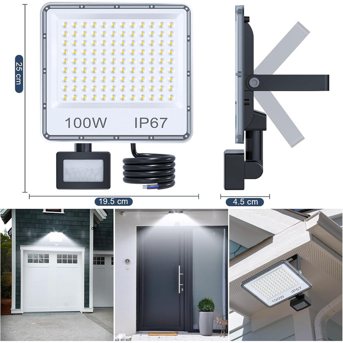 LED Floodlights with Motion Sensor Outdoor 100W 2 Pack, 10000LM LED Spotlights with Motion Sensor, 6500K Cool White Outdoor Floodlights, IP67 Waterproof Floodlights for Warehouse, Garden, Garage