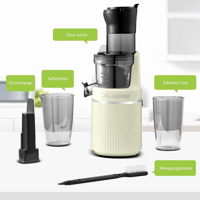 Соковижималка Aobosi Slow Juicer з реверсом, електрична, 80 мм отвір, для овочів та фруктів, 2000 Вт, тиха, BPA Free, жовта