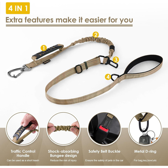 Тактична повідок для собак AUBELL, міцна, світловідбиваюча, без натягу, з амортизатором, для середніх та великих собак, з зручним двошаровим ручним захопленням, автомобільний ремінь безпеки, обертання на 360°, зелений (4-6 футів, коричневий)