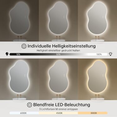 Дзеркало для ванної кімнати з підсвічуванням, без рами, 50x75 см, арочне, антизапар, сенсорний вимикач, регульована яскравість, 3 кольори світла