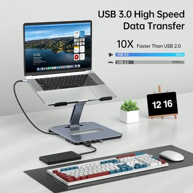 Алюмінієва підставка для ноутбука BENFEI з USB-C 6-в-1 док-станцією, HDMI 4K 60Гц, 4xUSB 3.0, Power Delivery 100Вт, сумісна з MacBook Pro/Air, iPad Pro, XPS, ThinkPad