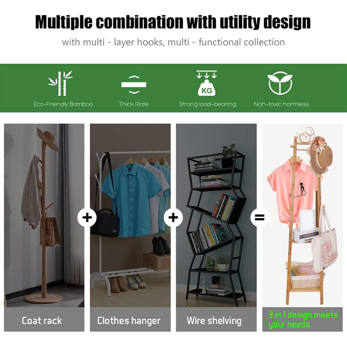 Bamboo Clothes Rack Coat Stand with 8 Hooks and 3 Shelves for Shoes, Hats, and Scarves, for Hallway, Living Room, and Guest Room
