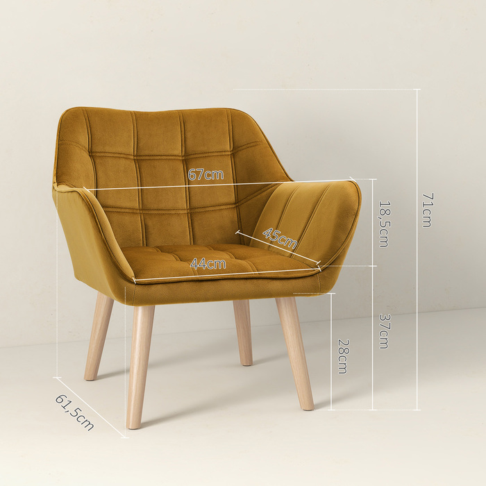 HOMCOM Ear Chair Single Chair Recliner with Velvet, Scandinavian Design, Raised Legs, Velvety Polyester, Yellow 67x61.5x71 cm