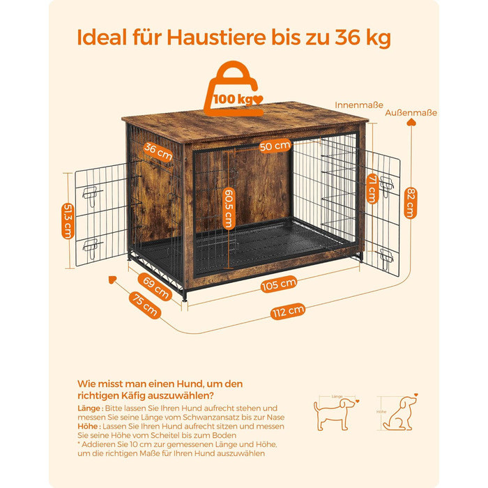 Клітка для собак Feandrea з функцією столику, сучасна собача будка для собак до 36 кг, міцна, для дому, з висувним піддоном, 2 двері, вінтажний коричневий PFC004X01, 112 x 75 x 82 см