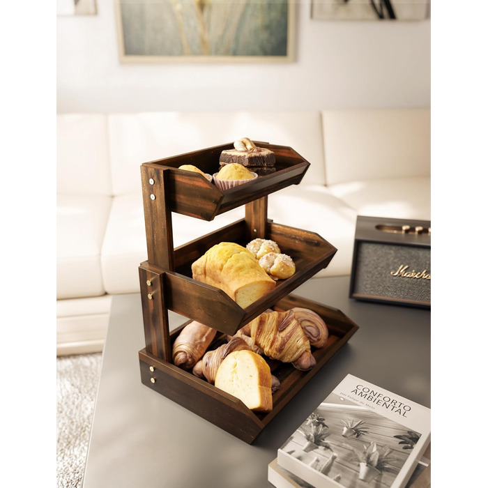 Двоярусна фруктова корзина HOLANA з дерева для стільниці – органайзер для фруктів, овочів та закусок (горіх)