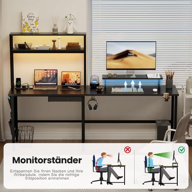 Ігровий стіл кутовий 150x100 см з 3 розетками та 2 USB, реверсивний, з LED підсвічуванням, з ящиками та підставкою для монітора, чорний