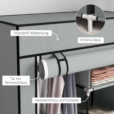 HOMCOM Fabric Closet, Space-Saving Wardrobe with 5 Compartments & Clothes Rail, Zipper, Folding Closet in Light Grey