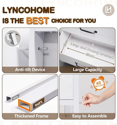 LYNCOHOME Dresser with Drawers, Fabric Chest of Drawers, TV Stand Sideboard with 6 Fabric Drawers, Storage Cabinet Bedroom Chest of Drawers Kitchen Organizer Furniture for Office Hallway (White-4*2l-uk)
