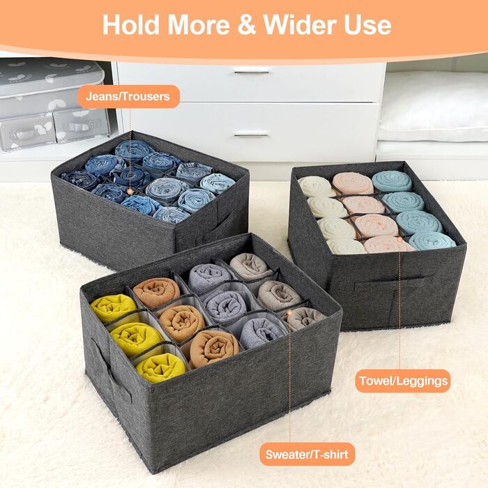 EASEVE 4-Piece Closet Organizer Drawer Storage Box for Clothes - 12-Cell Drawer Organization System Closet Clothes Storage Boxes for Jeans, Pants, Towel, Shirt, Sweater