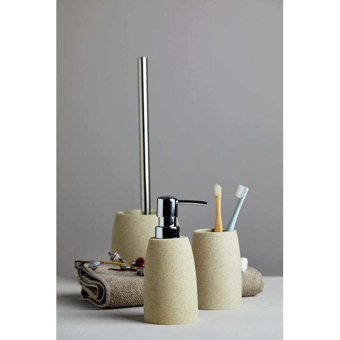 Набір для туалету WENKO Goa: тримач щітки з важкого полірезину (імітація каменю) та щітка з змінним насадком, бежевий, 11,8 x 38,5 см
