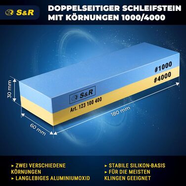 Набір для заточування ножів S&R Schleifstein: 1000/4000 та 120/240 гріт, двосторонній, з підставкою