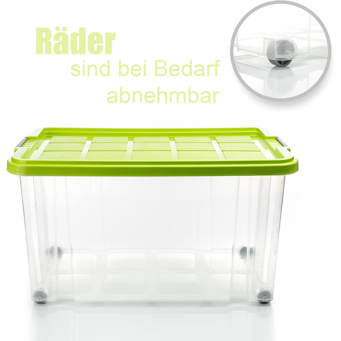 BigDean 2-Pack 60L Storage Boxes with Lid, Large Transparent - Stackable, Robust Box, BPA-Free - Rollable Stack Box with Secure Click Closures - Made in Germany (Green)