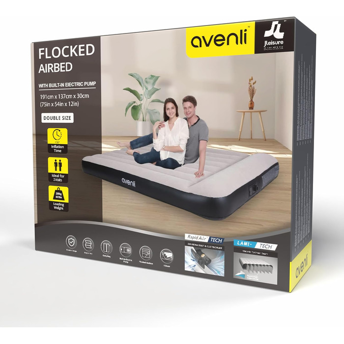 Надувний матрац-ліжко AVENLI для 2 осіб, 191x137x30 см з інтегрованою помпою, з флаоковою поверхнею, для кемпінгу та дому