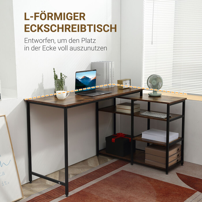 HOMCOM L-Shaped Corner Desk, PC Table with Shelf and Drawer, 135x90x79cm, Rustic Brown, Particleboard & Metal, for Office & Home Office