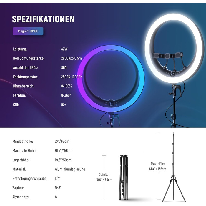 NEEWER Ringlicht RP19H 19 дюймів з триподом та 3 тримачами для телефону, RGB, 42W, CRI 97+, 2540 Lux, для стрімінгу, офісу, Zoom
