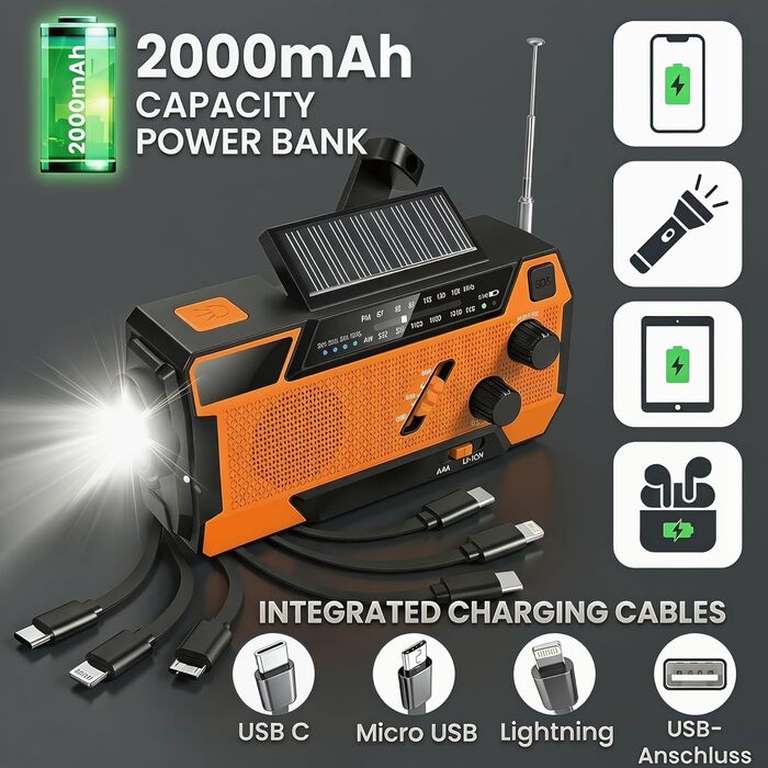 Радіо на батарейках/сонячній енергії з ручним генератором, Power Bank 2000mAh, AM/FM, SOS-сигнал, ліхтарик для кемпінгу та дому