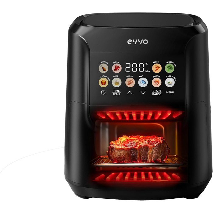 Фритюрниця без олії EVVO, 6 л, 1700 Вт, антипригарне покриття, Dual-Cyclon технологія, багатофункціональна, для випікання, дегідратації, розморожування, до 200°C, автоматичне вимкнення, білий колір