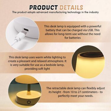 LED Настільна лампа акумуляторна 2 шт. USB зарядка, телескопічна, бездротова, тепле біле світло, сенсорна, для спальні, вітальні, тумбочки