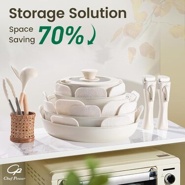 Набір посуду Chef Power Keramik 19-ти частинний, з антипригарним покриттям, знімний ручка, для індукційних плит, сумісний з посудомийною машиною, для духовки, набір для дому/кемпінгу, сірий та білий колір