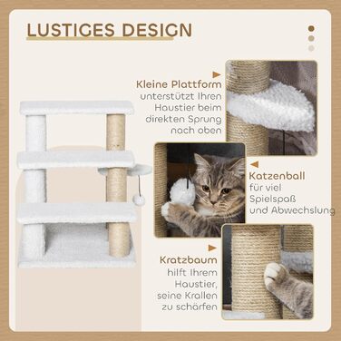 PawHut 3-Step Pet Staircase with Scratching Posts, Ball, Dog Staircase, Animal Staircase for Cats up to 5 kg, Plush Jute, White, 45 x 40 x 48 cm