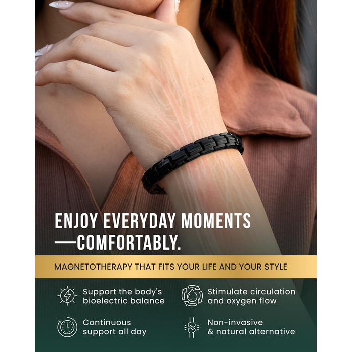 Браслет на магнітах MagnetRX® Ultrastarkes Titan для жінок – титановий браслет з регулюванням розміру, чорний (5x Strength)