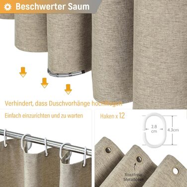 Тканинна шторка для душу BTTN, 180x200 см, льонова текстура, антигрибкова, пральна, текстильна, з 12 гачками, сучасна, водонепроникна, з обтяжувачем, декор з поліестеру, кремовий (хакі, однотонна, H200 x B180 см (1 шт))