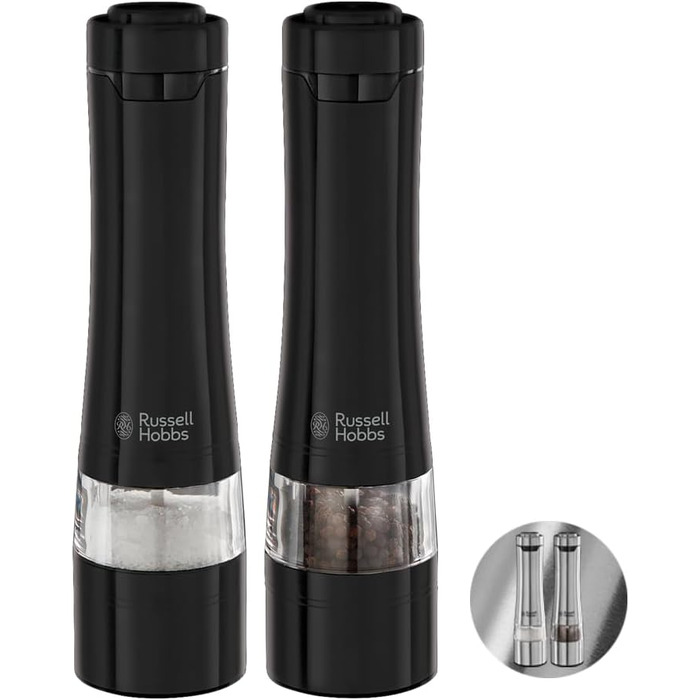 Електричні млини для солі та перцю Russell Hobbs 28010-56, керамічний механізм, чорні, набір 2 шт, для спецій і трав, регульований помел, LED підсвітка