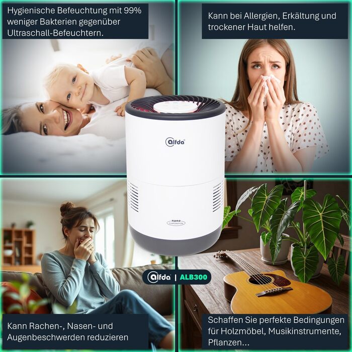 Зволожувач повітря ALB300 – тихий, для спальні та дитячої кімнати до 44 м², холодним випаровуванням, з антибактеріальним фільтром, авторежим з датчиком, нічник, бак 2,8 л, енергозберігаючий