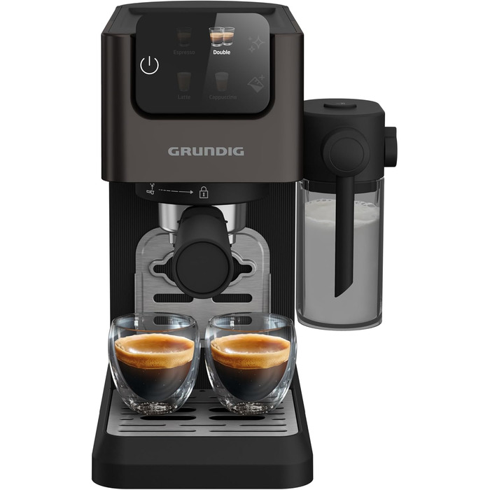 GRUNDIG KSM 5330 Espresso Machine with Integrated Milk Container, 1628 W Power, 15 bar Pump Pressure, Dual Nozzle, Color Touch Display, BrewSense, CreamyPro, Dark Inox/Black. With Milk Container