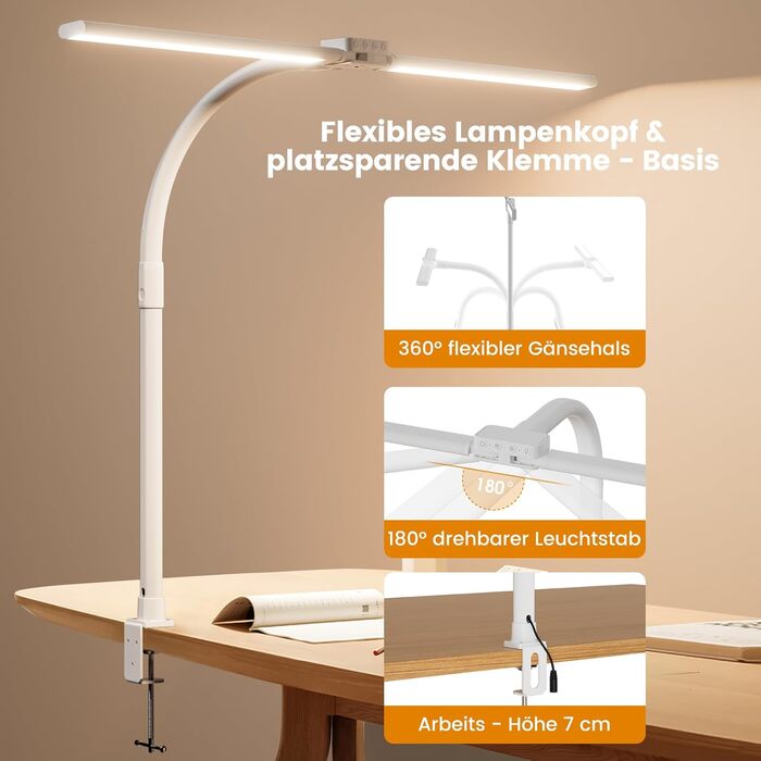 SIBRILLE Dual-Head LED Desk Lamp - Adjustable, Dimmable, Eye Protection for Office, PC, and Monitor Use