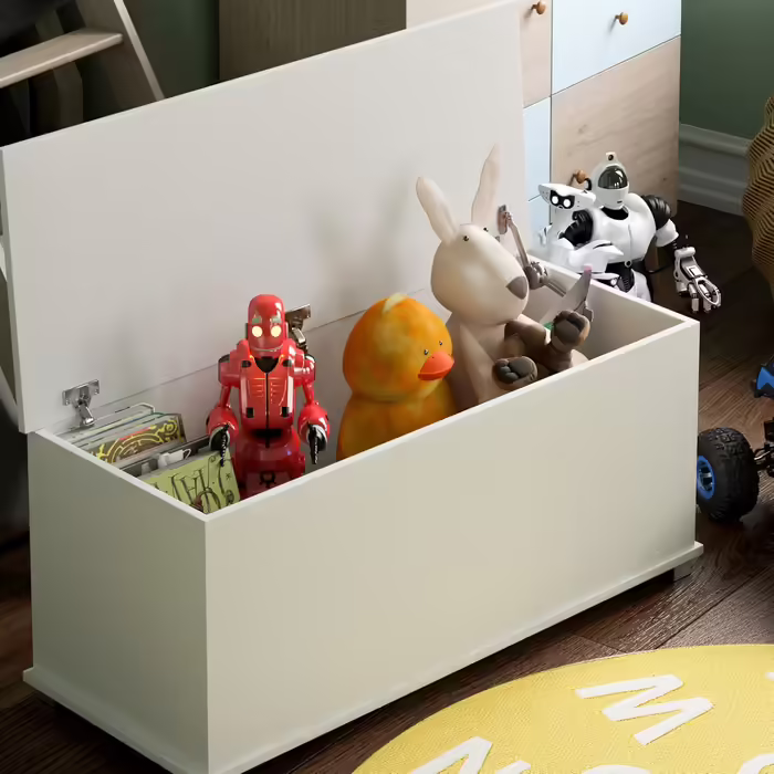 Vida Designs wooden toy box, white, with lid, blankets and blankets, for children