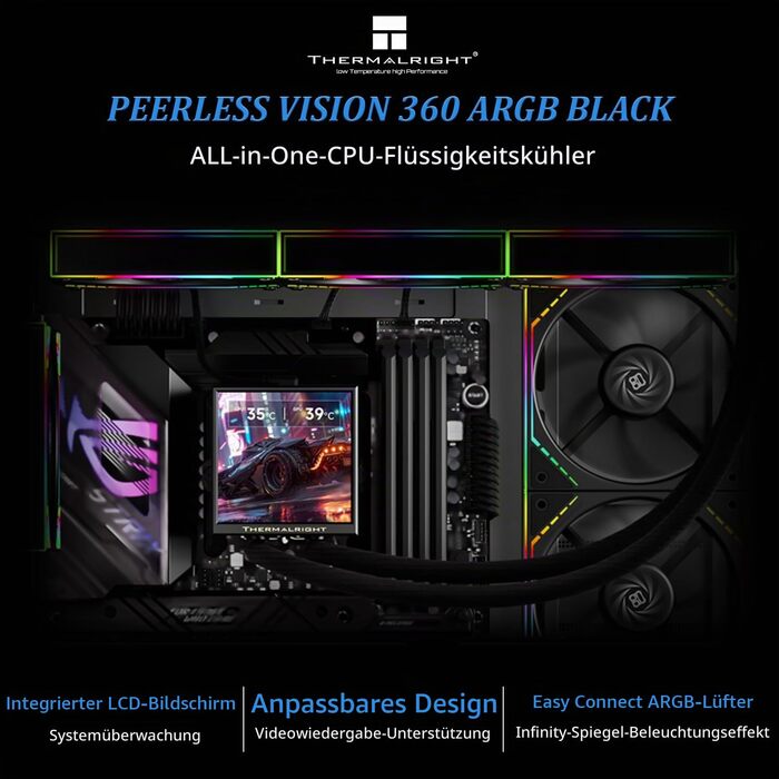 Система рідинного охолодження процесора TR Peerless Vision 360 ARGB Black, 3 PWM вентилятори, LCD-дисплей 3.95