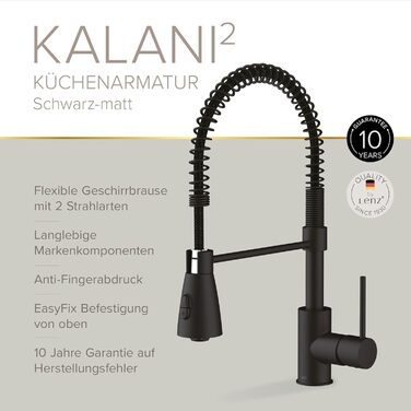 Кухонний змішувач Lenz KALANI² в стилі - з регульованою насадкою для миття посуду – легка установка та висока якість обробки – 46070322 (Для високого тиску, Чорний)