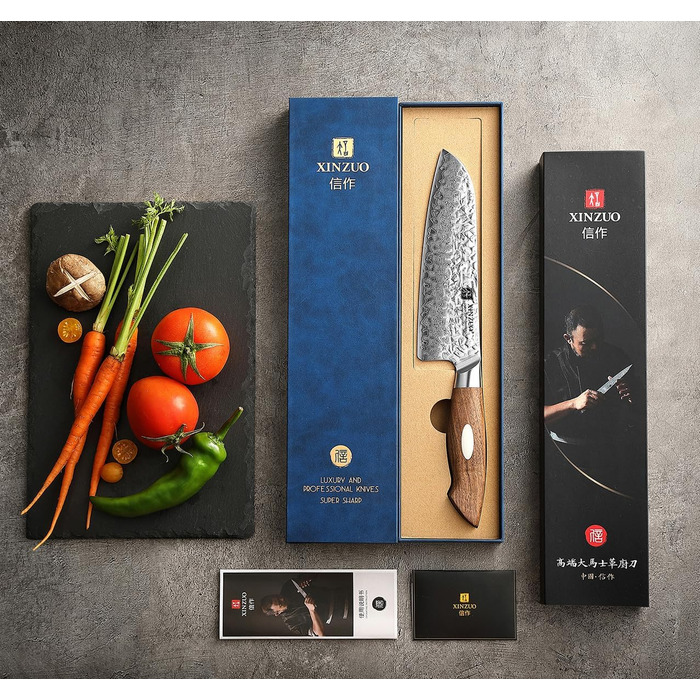 Японський кухонний ніж XINZUO Santoku з дамаської сталі (AUS-10) - професійний ніж шеф-кухаря з чорним дерев'яним руків'ям з горіха