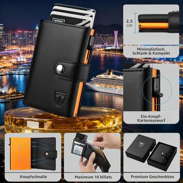 Чоловічий гаманець TENBST з відділом для монет, Slim Wallet, картхолдер на 8-10 карт, RFID захист, преміум якість, чорний