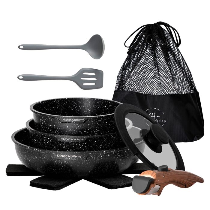 Набір посуду Dishdelight з антипригарним гранітним покриттям та знімними ручками, індукційний, з кришками (чорний)