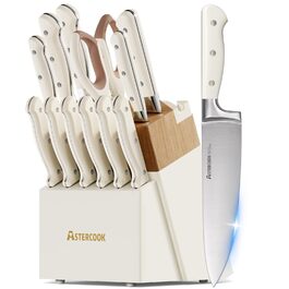 Набір кухонних ножів Astercook 14 предметів: ніж для м'яса, овочів, хліба, блок для зберігання, точилка, нержавіюча сталь, кремовий колір, антиковзкий ергономічний дизайн
