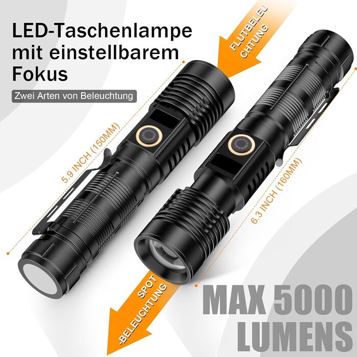 Ліхтарик AOMEES LED 5000 люмен, USB-зарядка, водонепроникний IPX5, 5 режимів, для кемпінгу, туризму, екстрених ситуацій