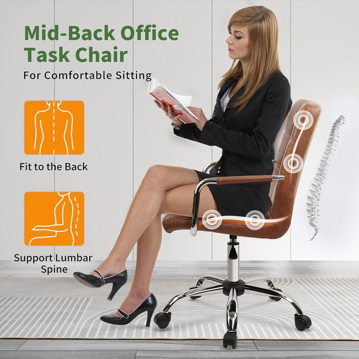 Крісло офісне Clatina Leder, 160 кг, ергономічне, 360° обертання, регульована висота, середні підлокітники, комплект 4 шт. (Колір: Коричневий)