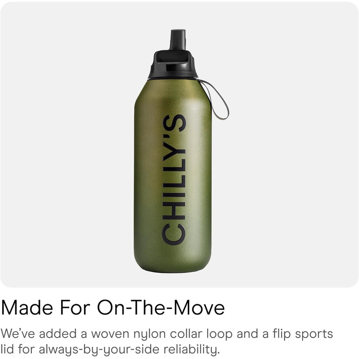 Chilly's Series 2 Flip Bottle - Thermos Flask with Sport Cap, Telescopic Straw, and Nylon Carry Loop - Stainless Steel Bottle with Easy Flip Opening, Includes Straw Cleaning Brush (Ombre - Moss, 500 ml)