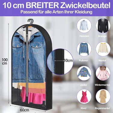 Чохли для одягу 3 шт. Преміум, дихаючі, на блискавці, 100x60 см, чорні. Для зберігання та подорожей.