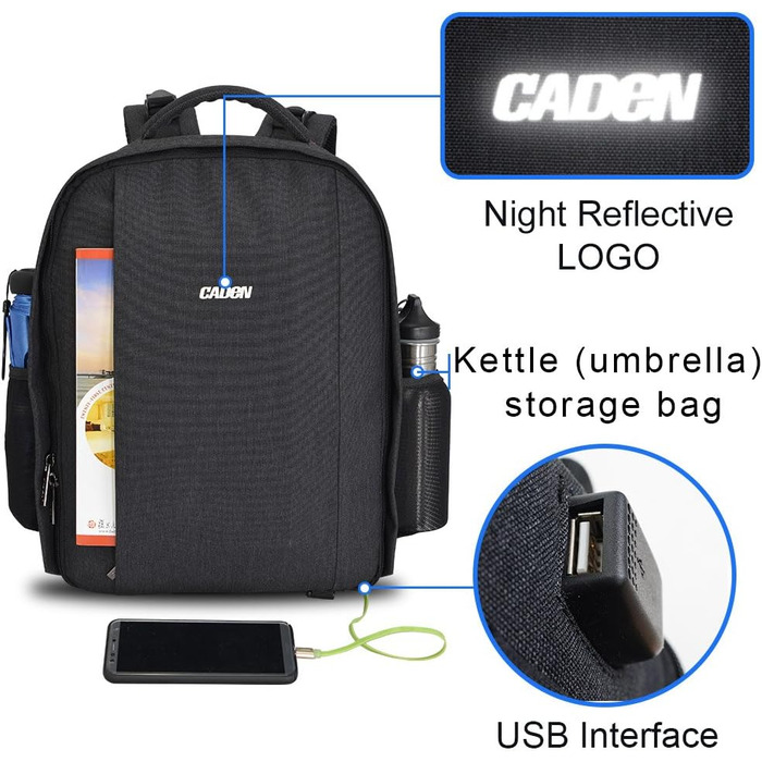 Рюкзак для фотокамери CADeN: водонепроникний, для Canon, Nikon, Sony, 2 DSLR, 7 об'єктивів, штатив, чорний