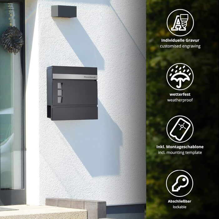 Поштовий ящик Forgard Helsingborg антрацит з газетницею, персоналізований, з нержавіючої сталі з іменем родини, комплект для монтажу (RAL 7016)
