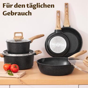 Набір індукційних каструль 10 предметів з гранітним покриттям, антипригарні сковороди з кришками, алюмінієвий посуд для всіх типів плит, жаростійкий, без PFAS