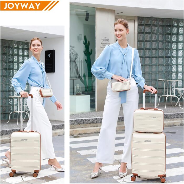 Набір валіз Joyway 5шт з жорстким корпусом, 4 колеса та TSA-замок. В комплекті: косметичка та сумка. Колір: білий/коричневий